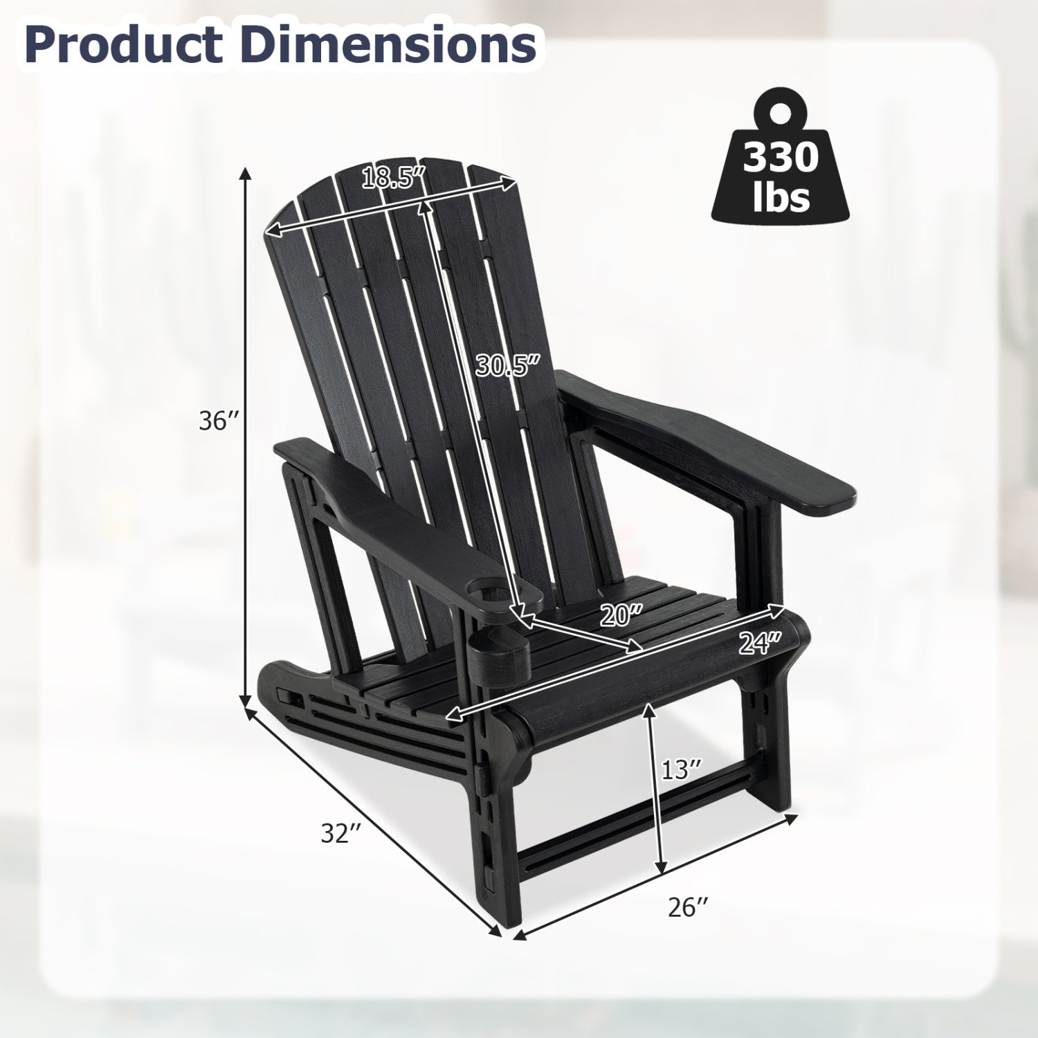 Black HDPE Adirondack chair with cup holder and wooden texture, outdoor patio seating by Wilsons Home Store
