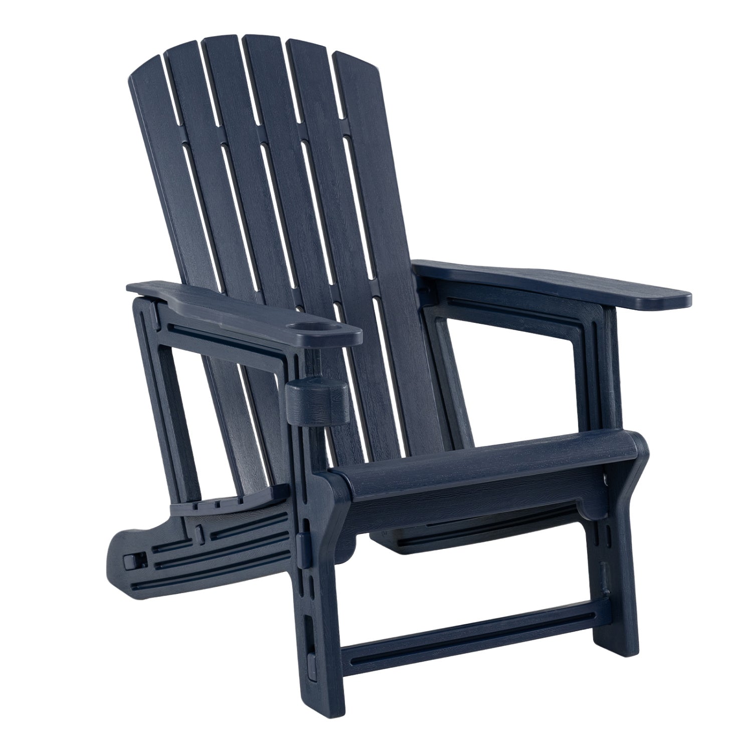 Blue HDPE Adirondack chair with cup holder and wood-like texture, high back for outdoor garden seating.