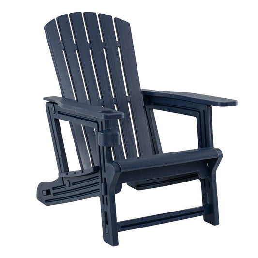 Blue HDPE Adirondack chair with cup holder and wood-like texture, high back for outdoor garden seating.