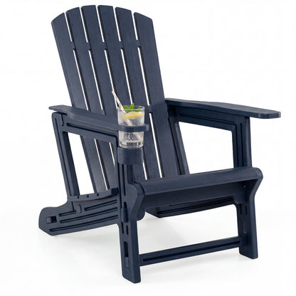 Blue HDPE Adirondack chair with wood-like texture, high back and built-in cup holder, ideal for garden outdoor patio seating.