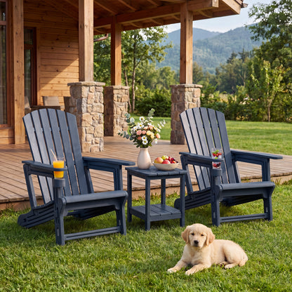 Blue HDPE Adirondack chair with cup holder and wood-like texture, high back for outdoor garden seating.