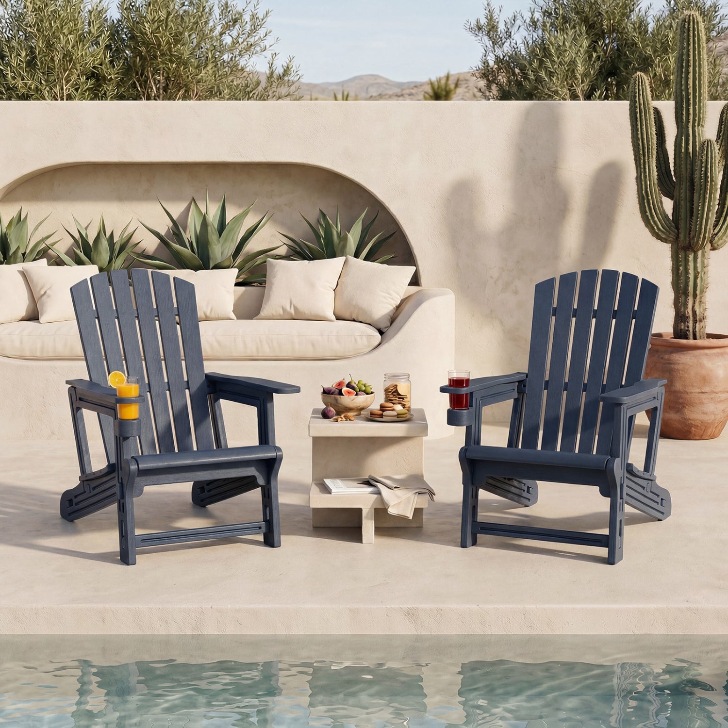 Blue HDPE Adirondack chair with wood-like texture, high back, and built-in cup holder for outdoor garden seating.