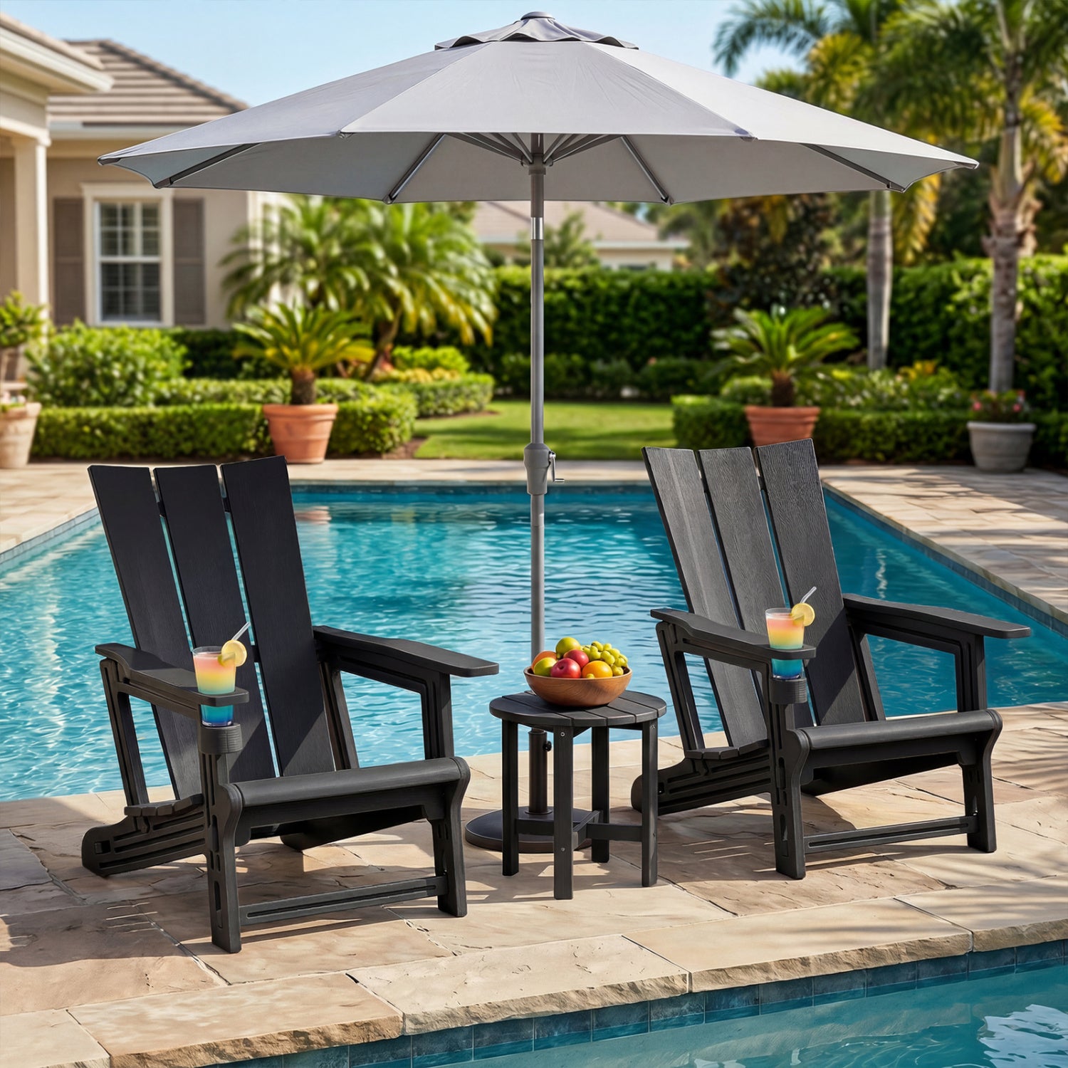 Black HDPE outdoor Adirondack chair with built-in cup holder, made for patio seating and outdoor relaxation.