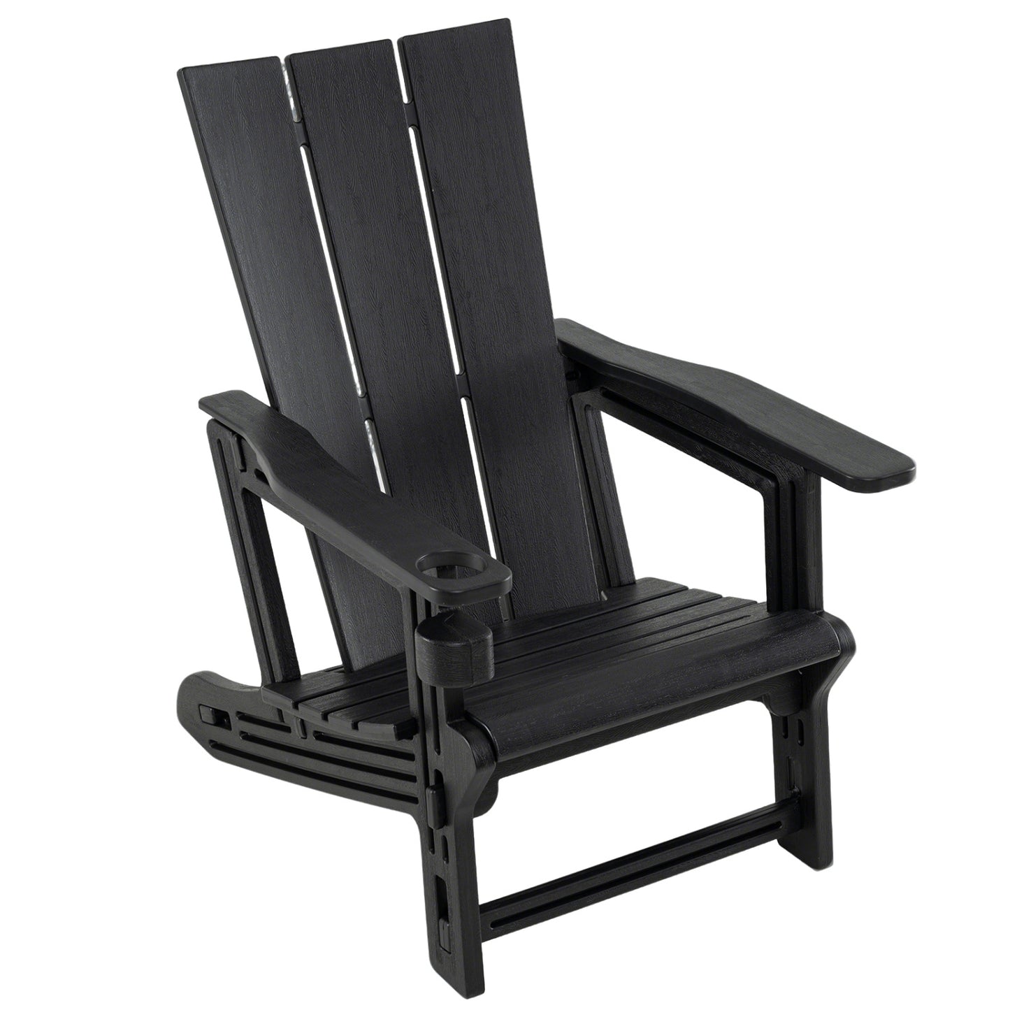 Black HDPE outdoor Adirondack chair with built-in cup holder, designed for patio seating and outdoor comfort.