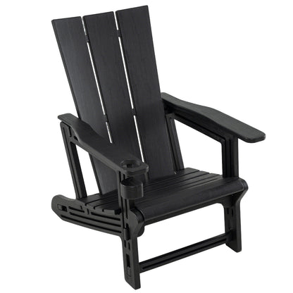 Black HDPE outdoor Adirondack chair with built-in cup holder, designed for patio seating and outdoor comfort.