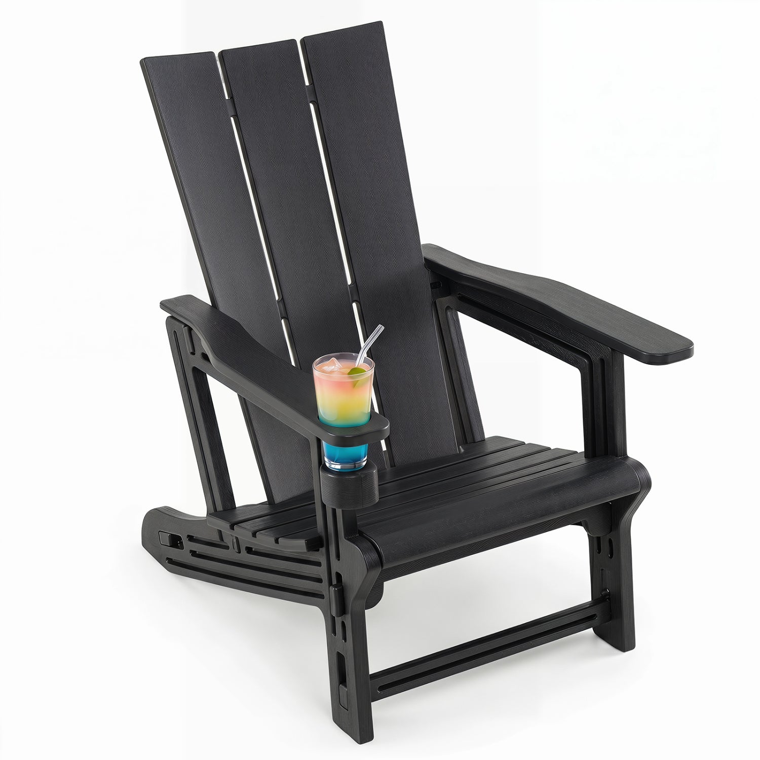 Black HDPE outdoor Adirondack chair with built-in cup holder, perfect for patio relaxation and outdoor seating.