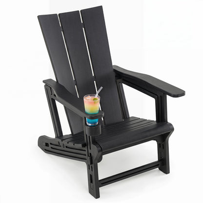 Black HDPE outdoor Adirondack chair with built-in cup holder, perfect for patio relaxation and outdoor seating.