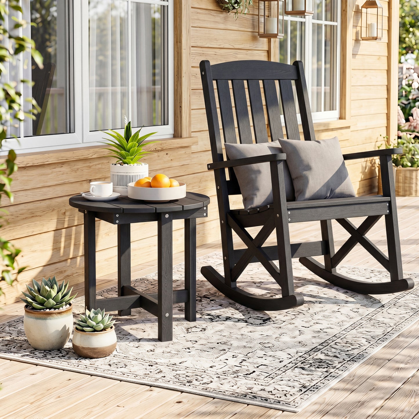 Black HIPS Adirondack side table with weather-resistant waterproof top, ideal for outdoor patio or garden use.