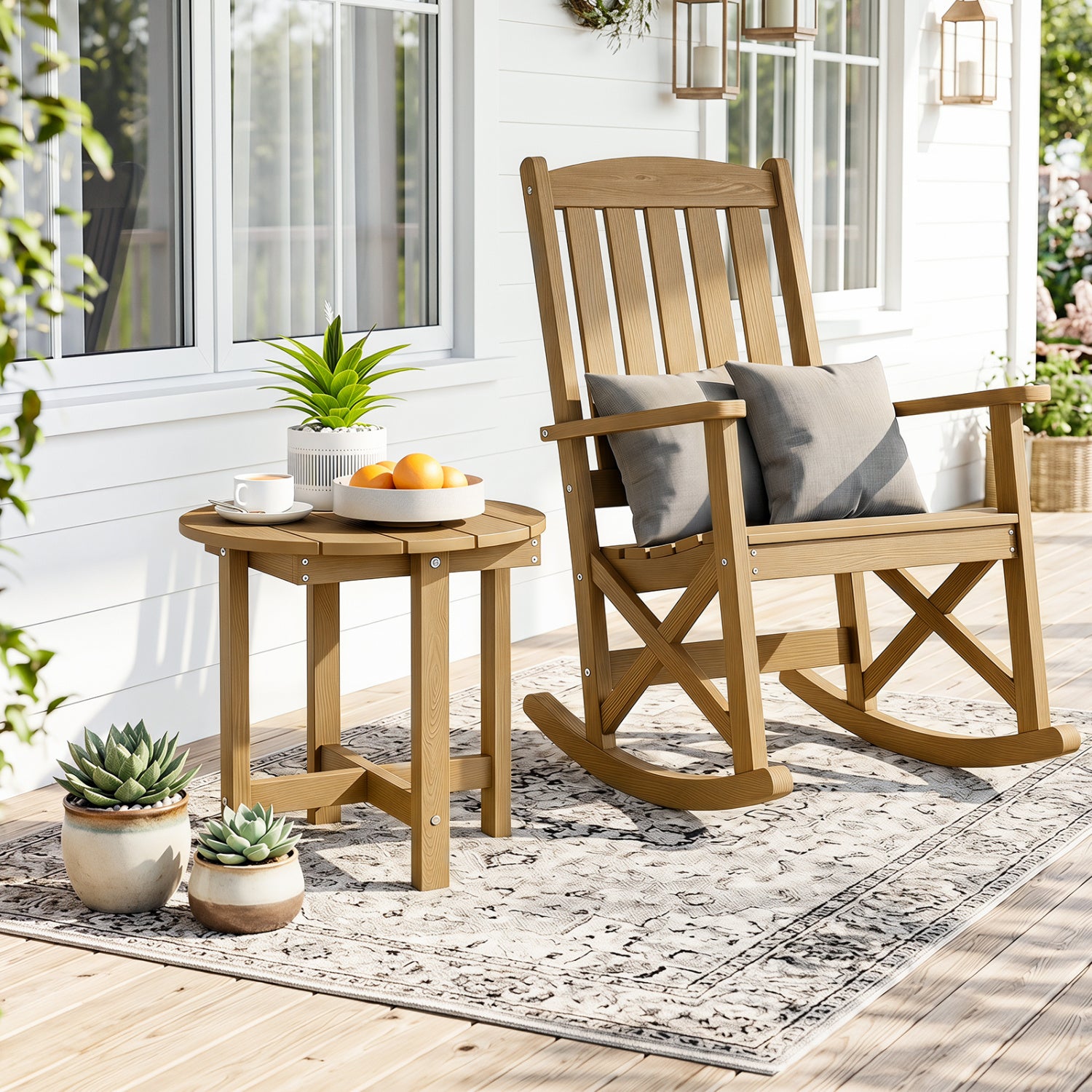 Black HIPS Adirondack side table with weather-resistant waterproof top, ideal for outdoor patio or garden seating areas.