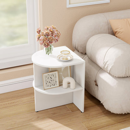 Half Round End Table with Open Shelves for Small Space-White