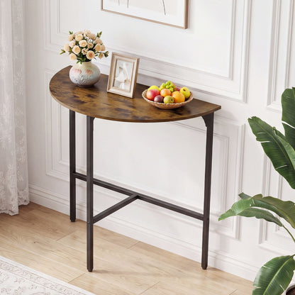 Rustic brown half-moon console table with semi-circular design, ideal for entryways or living rooms, by Wilsons Home Store.