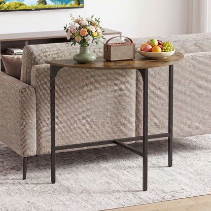 Rustic brown half-moon console table with semi-circular design, ideal for entryway or sofa area, by Wilsons Home Store.