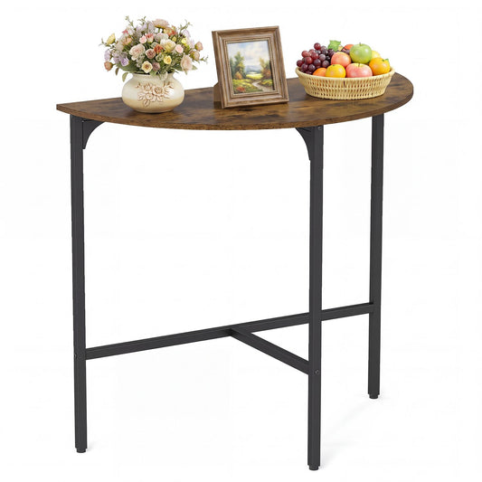 Rustic brown half-moon console table with semi-circular industrial design, ideal for entryways or sofa areas.