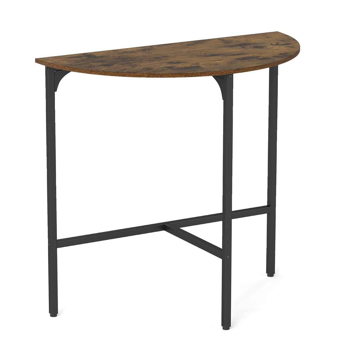 Rustic brown half-moon console table with semi-circular industrial design, ideal for entryways or sofa accents.