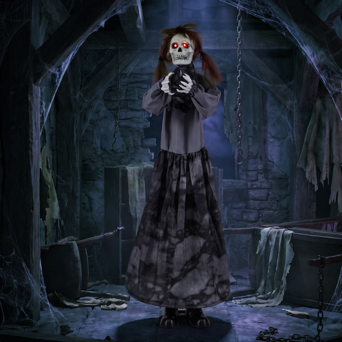 Halloween animatronic jumpscare doll with pop-up head and sound activation, spooky holiday decor for Halloween celebrations.