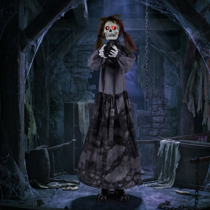 Halloween animatronic jumpscare doll with pop-up head and sound activation, spooky holiday decor for Halloween celebrations.