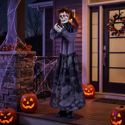 Halloween animatronic jumpscare doll with pop-up head and sound activation for spooky Halloween holiday decor.