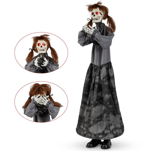 Halloween animatronic jumpscare doll with pop-up head and sound activation, spooky holiday decor for Halloween celebrations.