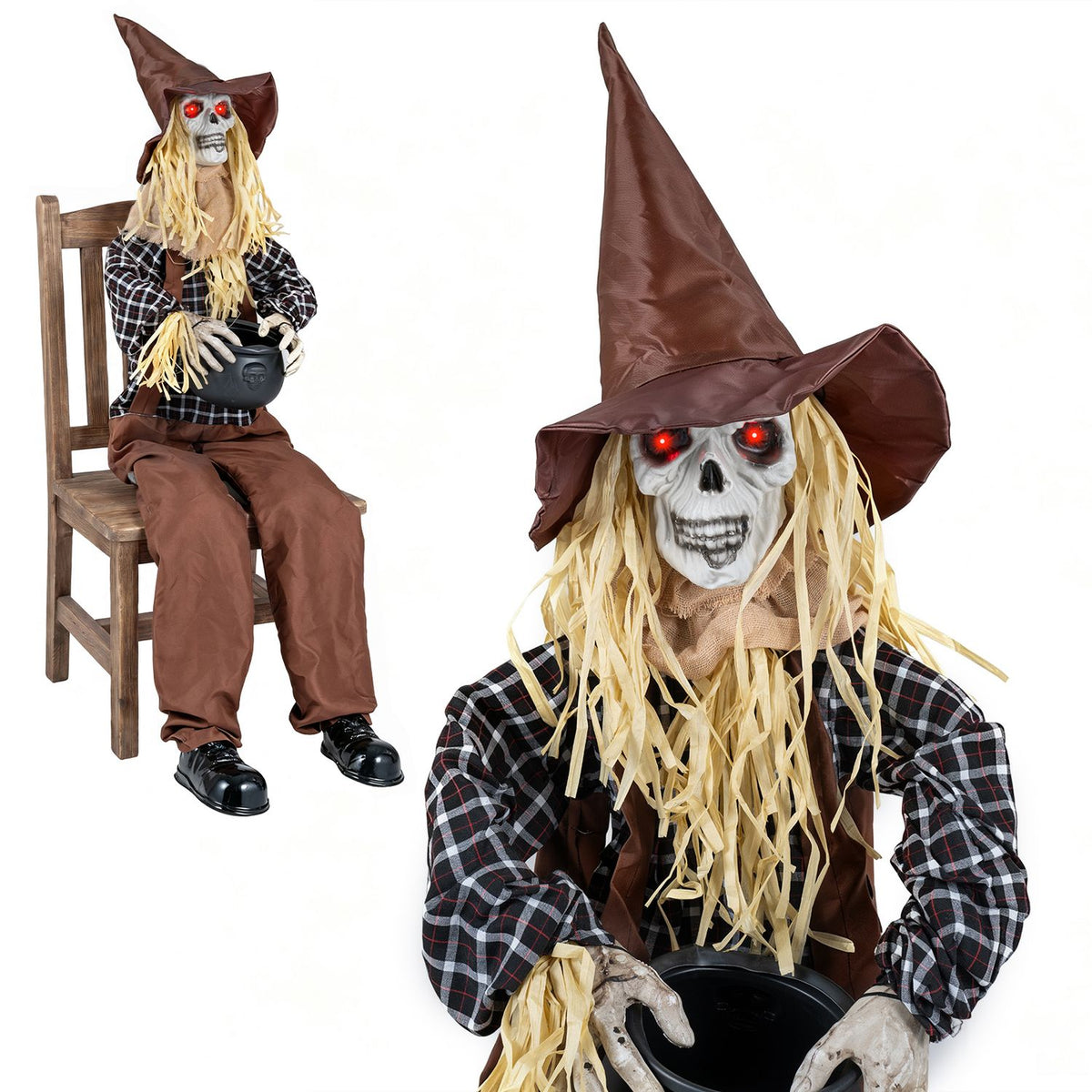 Halloween animatronic sitting scarecrow with candy bowl, spooky holiday decor for Halloween by Wilsons Home Store