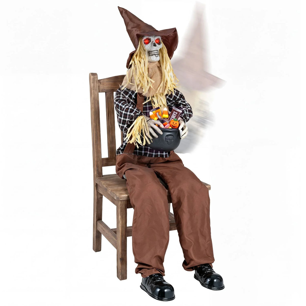 Halloween animatronic sitting scarecrow with candy bowl for spooky holiday decor, featuring a creepy scarecrow figure with Halloween-themed details.