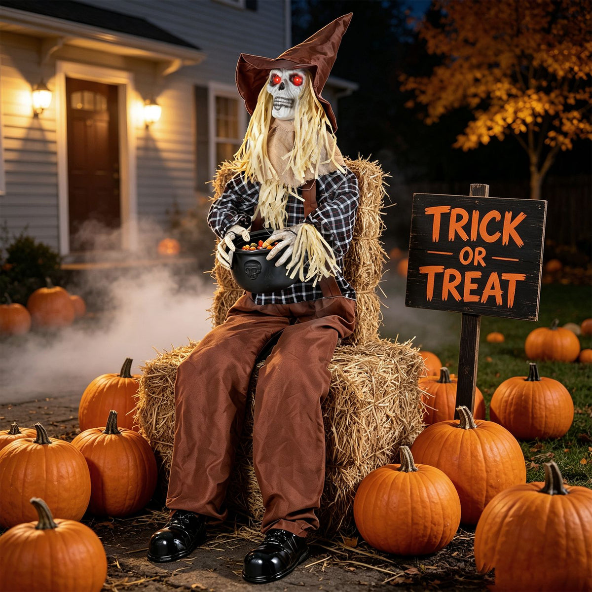 Halloween animatronic sitting scarecrow with candy bowl for holiday decor, featuring spooky details and a friendly Halloween theme.