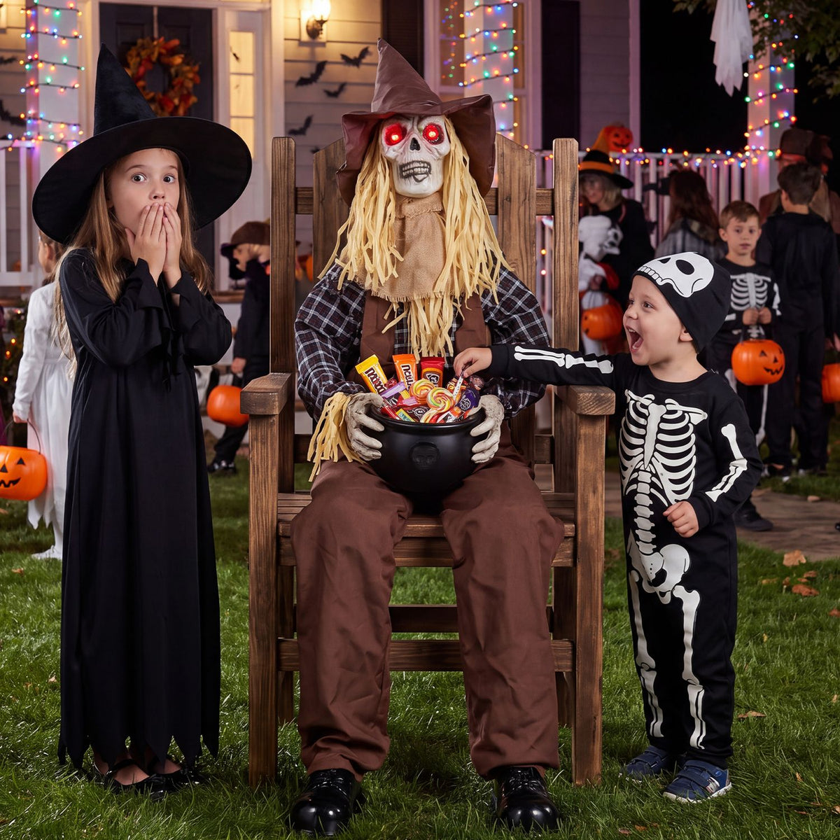 Halloween animatronic sitting scarecrow with candy bowl, holiday decor by Wilsons Home Store, spooky Halloween decoration.