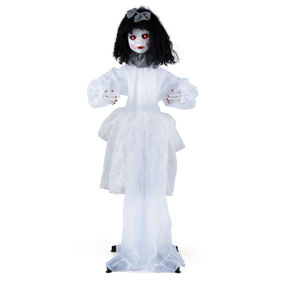 Halloween girl doll with shakeable head and posable arms, perfect for spooky holiday decor, by Wilsons Home Store.