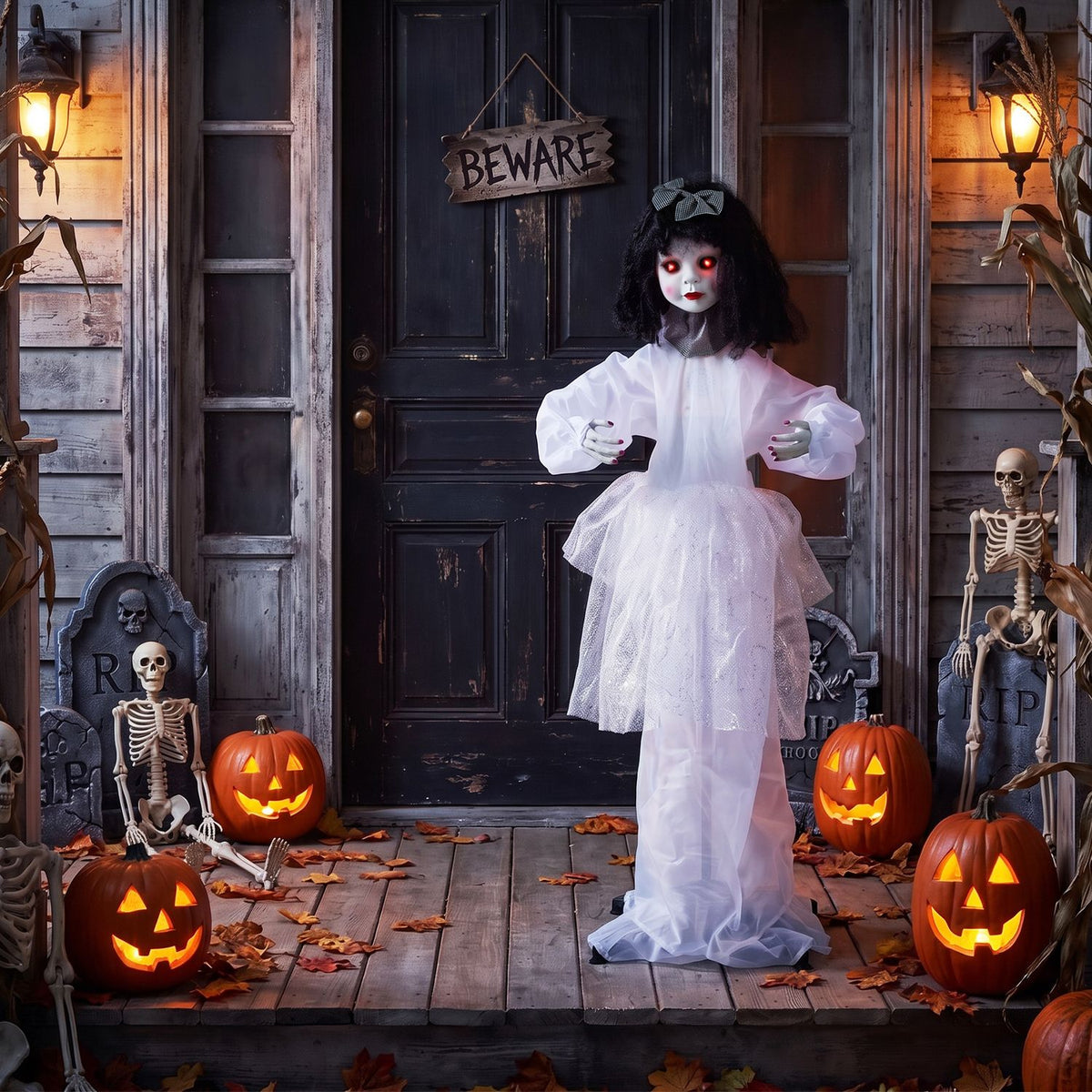 Halloween girl doll with shakeable head and posable arms, festive Halloween decor, by Wilsons Home Store