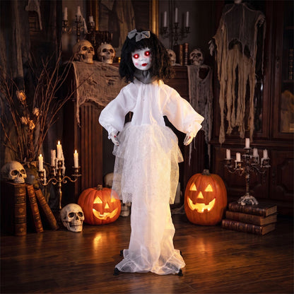 Halloween girl doll with shakeable head and posable arms, perfect for Halloween holiday decor.