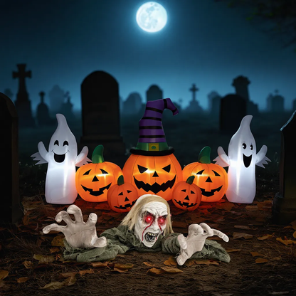 Groundbreaker climbing zombie with inflatable pumpkins Halloween decoration by Wilsons Home Store, festive outdoor holiday decor