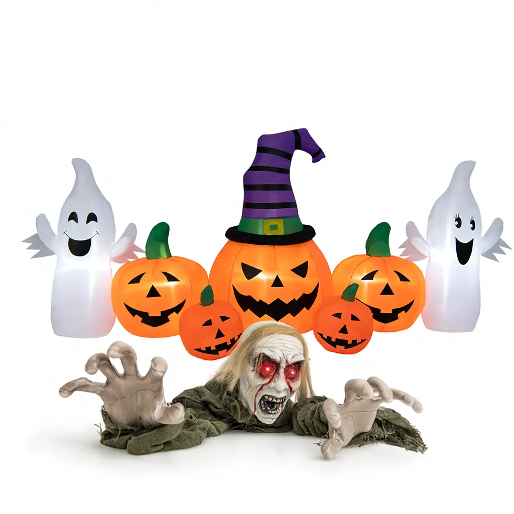 Groundbreaker climbing zombie Halloween decoration with inflatable pumpkins, spooky holiday decor by Wilsons Home Store.