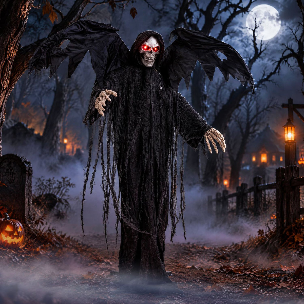 Standing Halloween Grim Reaper decoration with red eyes and shaking head, perfect for spooky holiday decor.