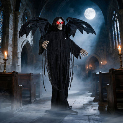 Standing Halloween Grim Reaper decoration with glowing red eyes and shaking head, perfect for spooky holiday decor.