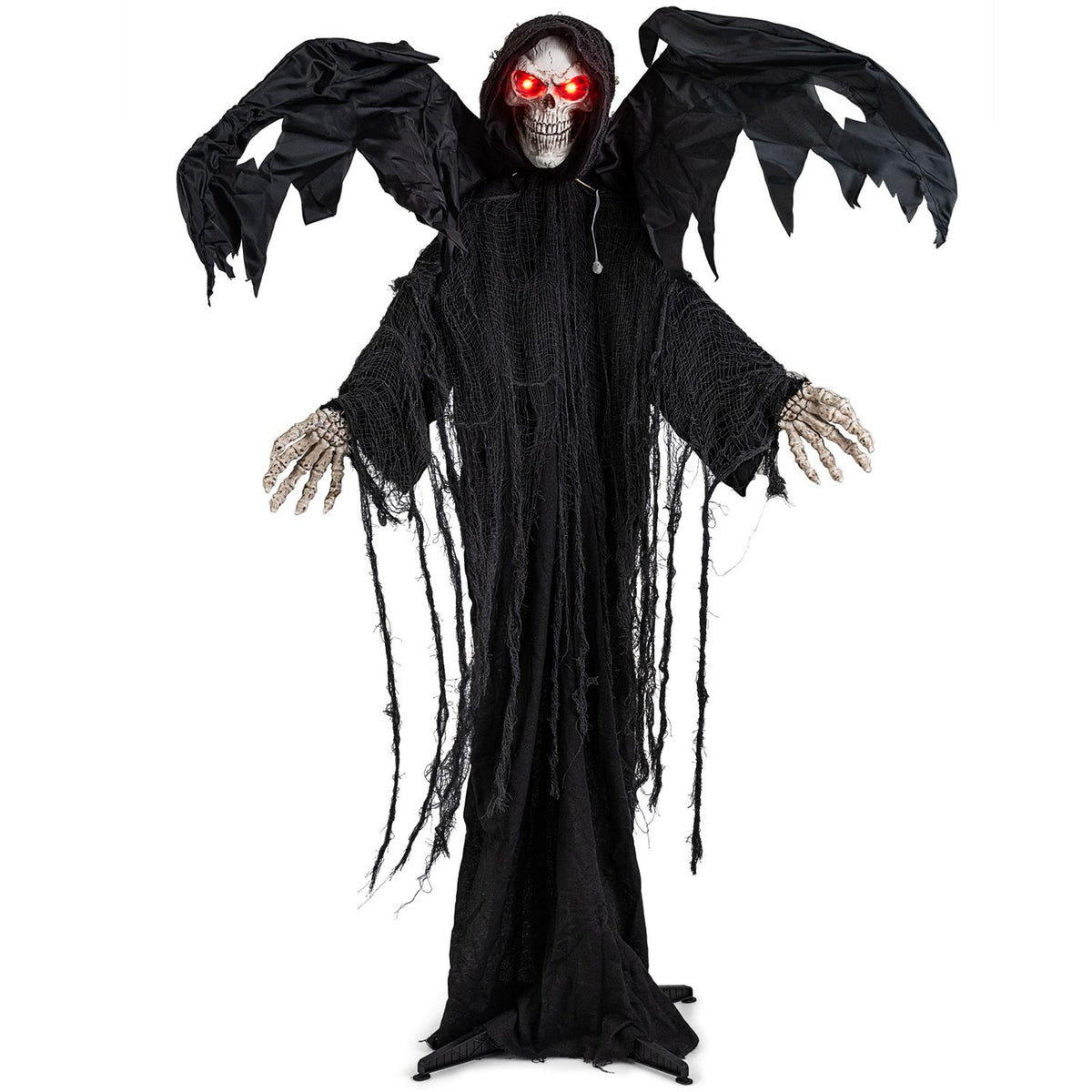 Standing Halloween Grim Reaper decoration with glowing red eyes and shaking head, ideal for spooky holiday decor.