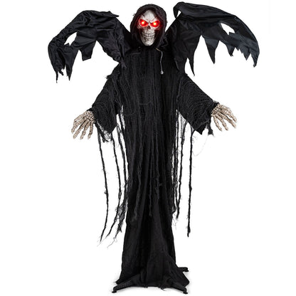 Standing Halloween Grim Reaper decoration with glowing red eyes and shaking head, ideal for spooky holiday decor.