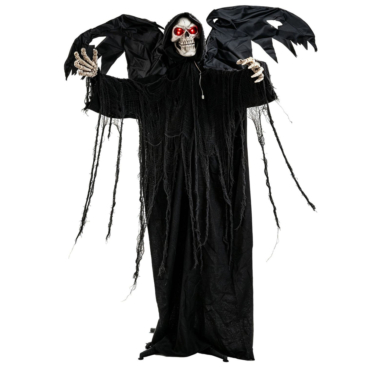 Standing Halloween Grim Reaper decoration with glowing red eyes and shaking head, perfect for spooky holiday decor.