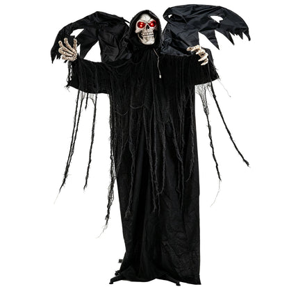 Standing Halloween Grim Reaper decoration with glowing red eyes and shaking head, perfect for spooky holiday decor.