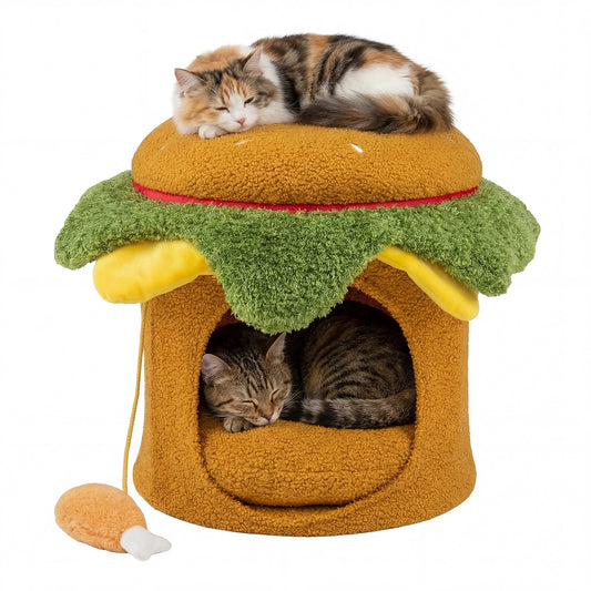 Yellow hamburger-shaped cat nest with removable cushion and chicken drumstick toy, perfect for indoor cats.
