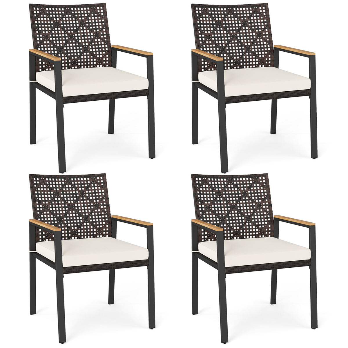 Set of four beige hand-woven PE patio dining chairs with acacia wood armrests for outdoor yard seating.