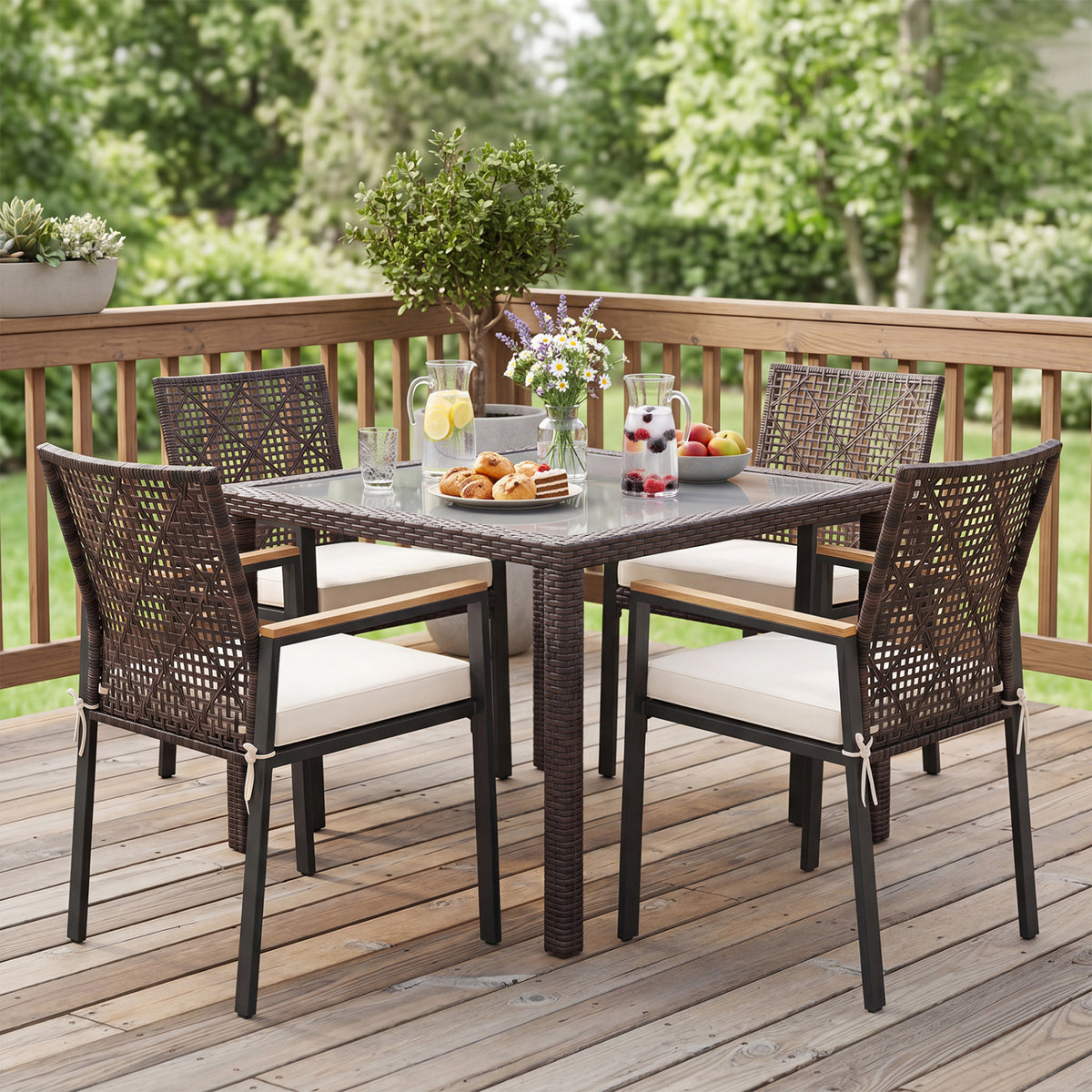 Set of four beige hand-woven PE patio dining chairs with acacia wood armrests for outdoor yard seating.