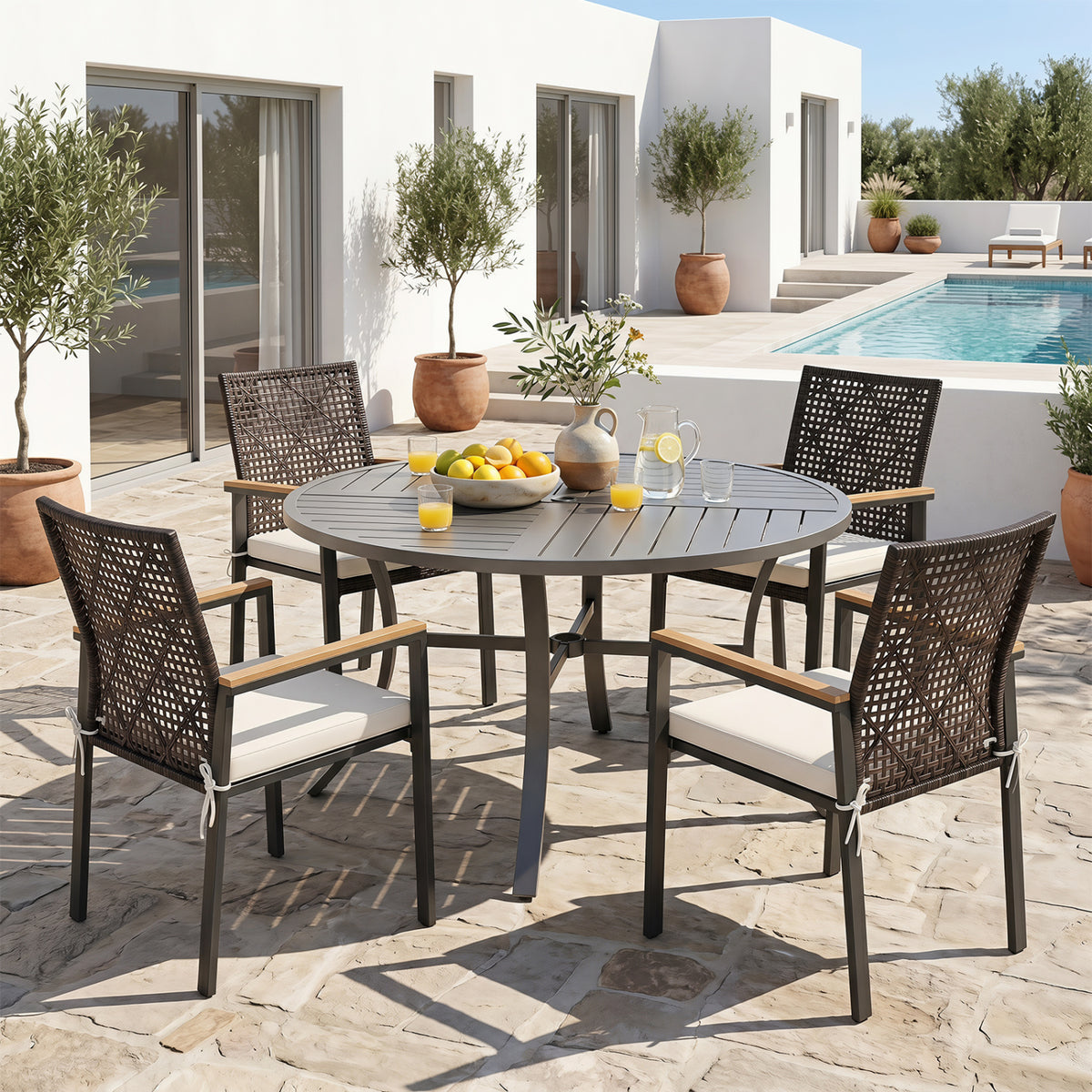Set of four beige hand-woven PE patio dining chairs with acacia wood armrests for outdoor yard seating.