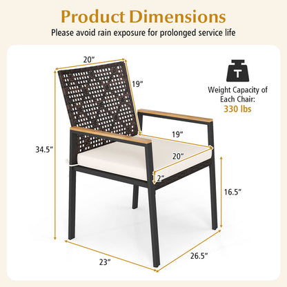 Set of four beige hand-woven PE patio dining chairs with acacia wood armrests for outdoor yard seating.