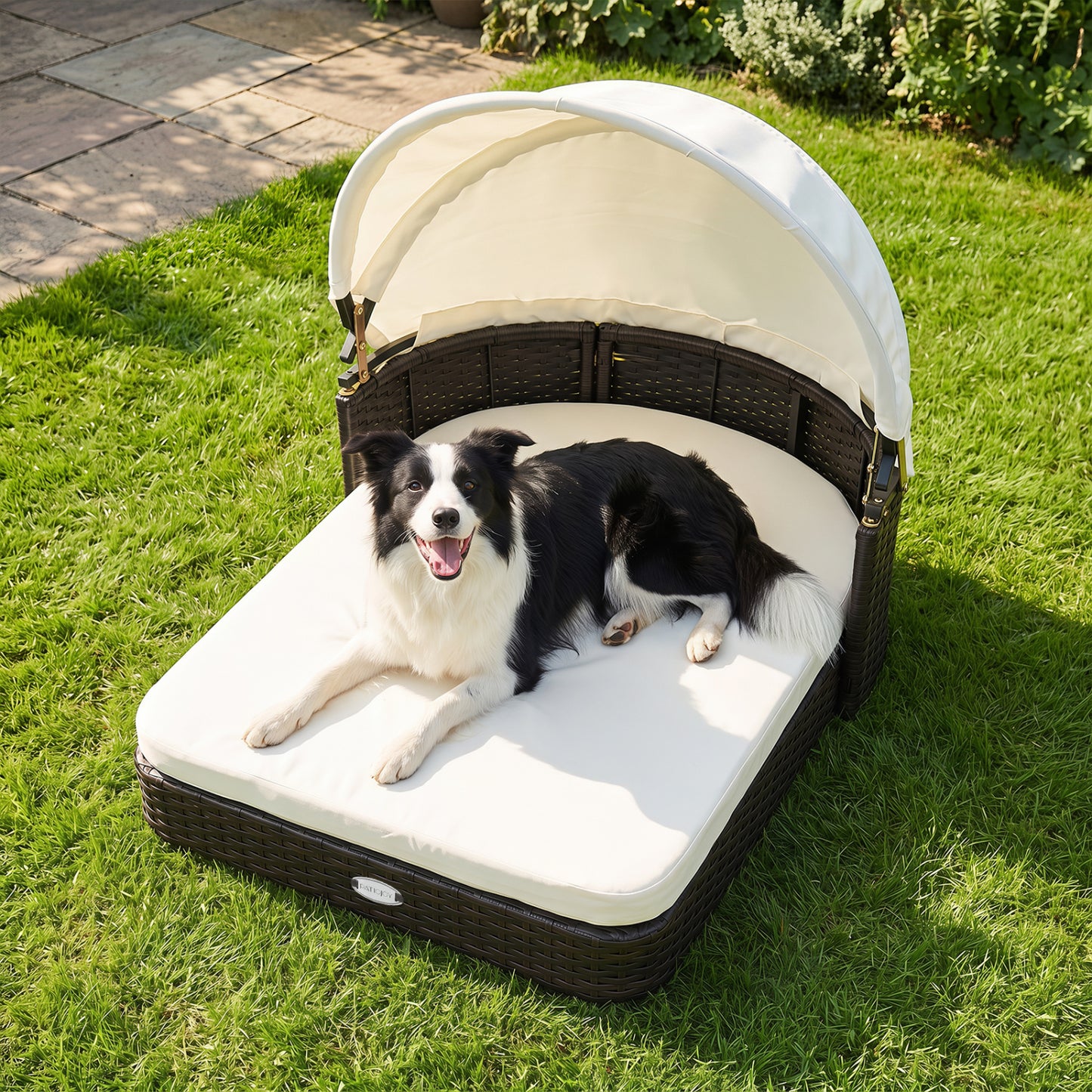 Wicker Dog House with Adjustable Canopy & 2 Detachable Cushions for Small Medium Dogs-Gray