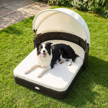 Wicker Dog House with Adjustable Canopy & 2 Detachable Cushions for Small Medium Dogs-Gray