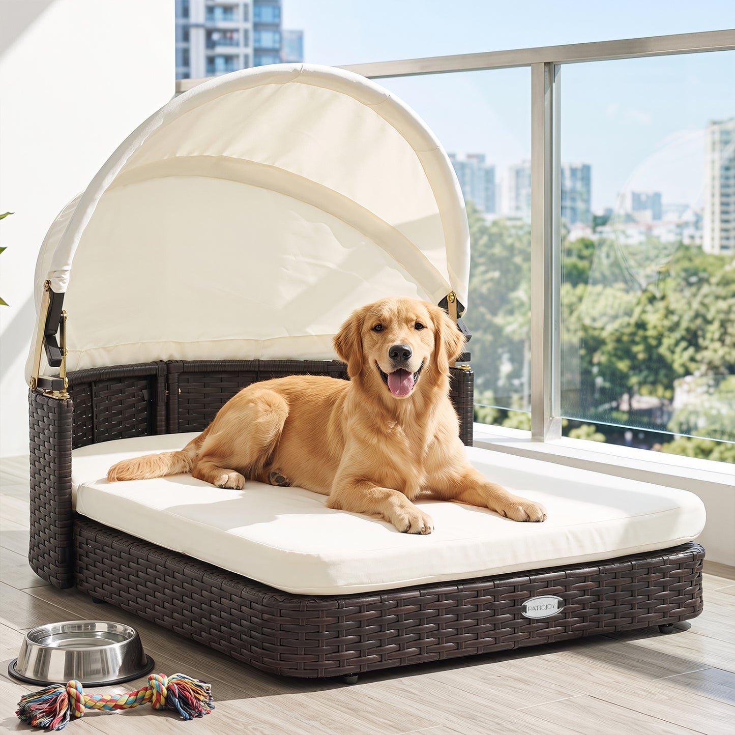 Wicker Dog House with Adjustable Canopy & 2 Detachable Cushions for Small Medium Dogs-Gray