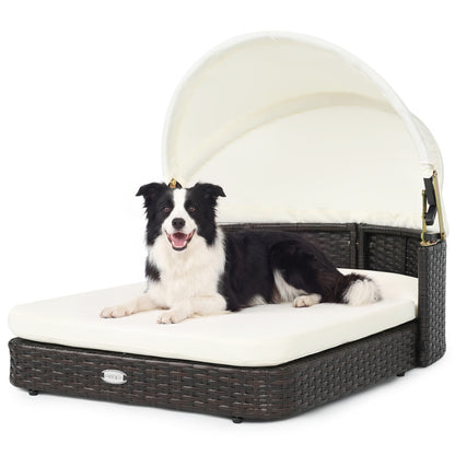 Wicker Dog House with Adjustable Canopy & 2 Detachable Cushions for Small Medium Dogs-Gray