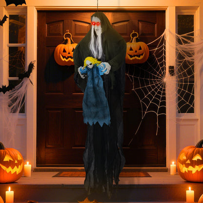Hanging Halloween Decoration Sound-Activated Witch Holding Ghost Girl with Spooky Sounds