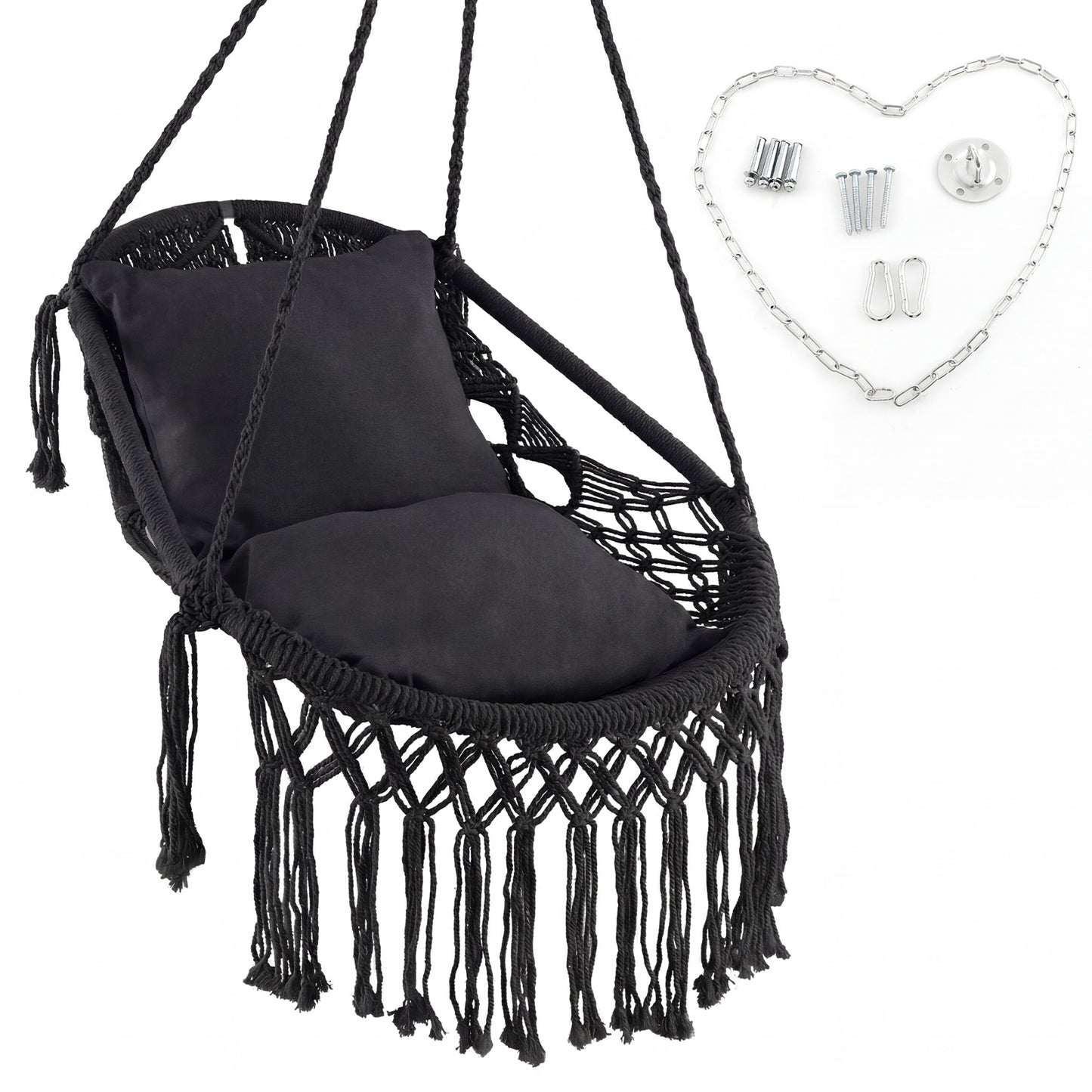 Hanging Hammock Chair with Soft Seat Cushions and Sturdy Rope Chain-Black