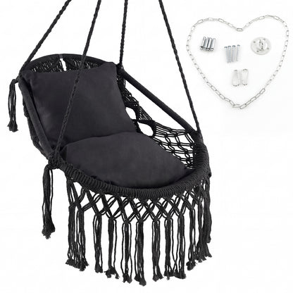 Hanging Hammock Chair with Soft Seat Cushions and Sturdy Rope Chain-Black