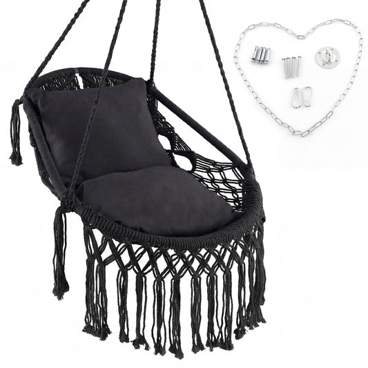 Hanging Hammock Chair with Soft Seat Cushions and Sturdy Rope Chain-Black